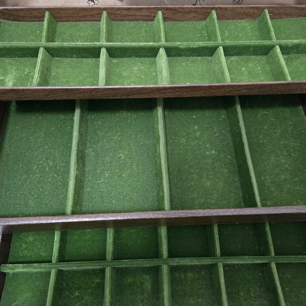 Vintage Large Jewelry Box Chest Faux Wood Grain Green Velvet Lining 3-Tier
